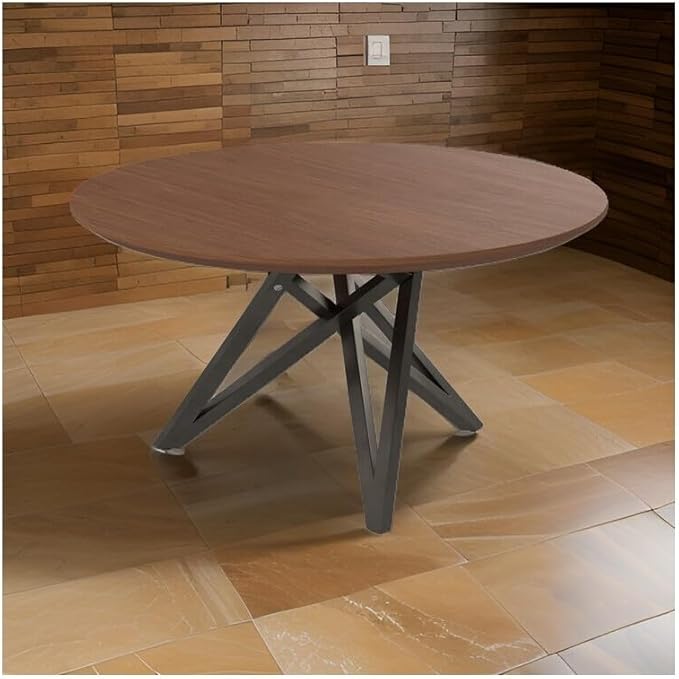 HomeStock Island Interiors 47 Inch Round Dining Table with Walnut Brown Wood Top and Angled Steel Legs in Black 47.3 x 47.3 x 29.5 Inch