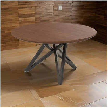 HomeStock Island Interiors 47 Inch Round Dining Table with Walnut Brown Wood Top and Angled Steel Legs in Black 47.3 x 47.3 x 29.5 Inch