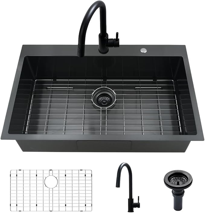 33 Black Kitchen Sink with Faucet Combo-VASOYO 33 x 22 Drop In Kitchen Sink Top Mount Black Stainless Steel Deep Single Bowl Over Mount Sinks with Faucet Combo Set