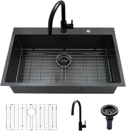 33 Black Kitchen Sink with Faucet Combo-VASOYO 33 x 22 Drop In Kitchen Sink Top Mount Black Stainless Steel Deep Single Bowl Over Mount Sinks with Faucet Combo Set