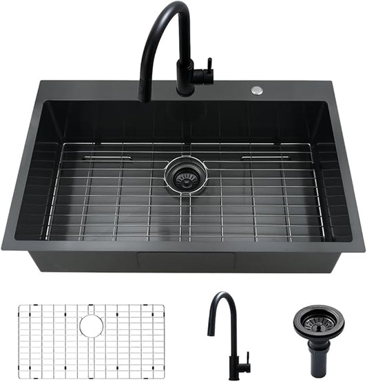 33 Black Kitchen Sink with Faucet Combo-VASOYO 33 x 22 Drop In Kitchen Sink Top Mount Black Stainless Steel Deep Single Bowl Over Mount Sinks with Faucet Combo Set