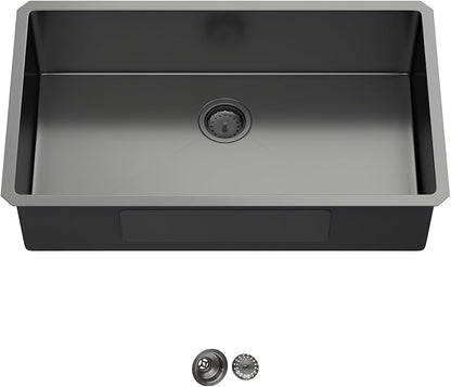 33 Inch Black Undermount Kitchen Sink Single Bowl 18 Guage Stainless Steel 33"x19"x9" Deep Under Counter Kitchen Sinks Basin R10 Round Corners Handmade Sink