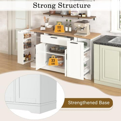 Multi-Functional Storage Sideboard, White Buffet Cabinet with Adjustable Shelves 3-Tier Pull-Out Rack, Modern Kitchen Island Storage Cabinet for Kitchen, Dining Room, Living Room Entryway