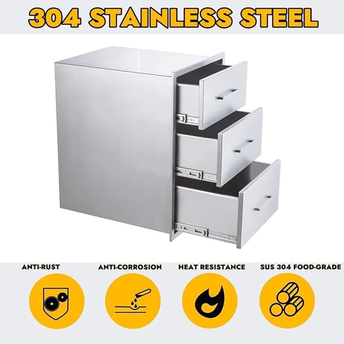 Outdoor Kitchen Drawers, 17" W x 18" D x 24" H Stainless Steel Triple Access BBQ Drawer, Flush Mount Enclosed Drawer with Handle for Outdoor Kitchens & BBQ Islands, No Installation Required