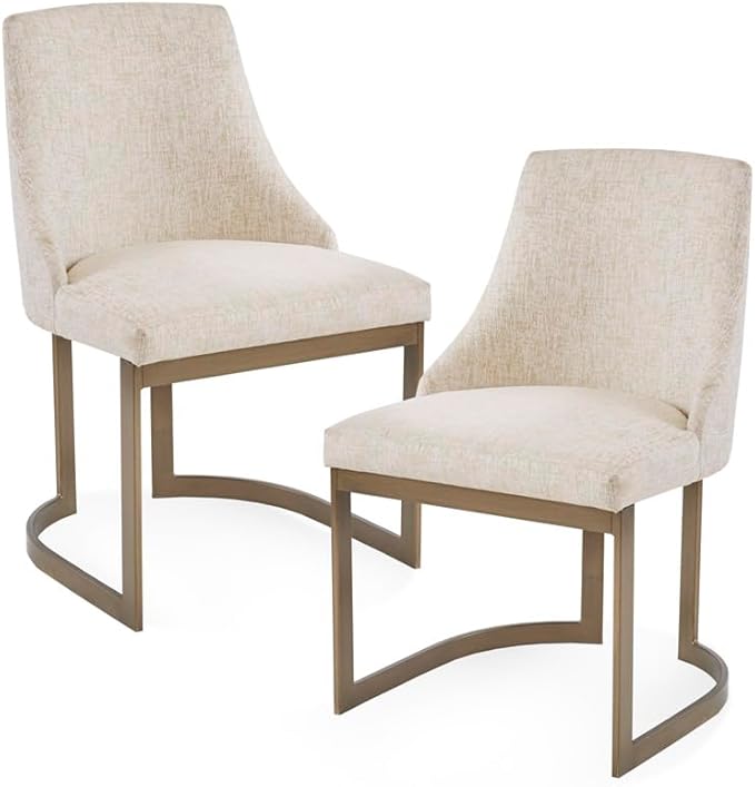 Madison Park Bryce Parsons Upholstered Accent Dining Chairs Set of 2, Padded Seat with Cushion, Antique Gold Metal Frame Back and Sled Leg, Contemporary Modern Chic for Kitchen, Cream 2 Piece