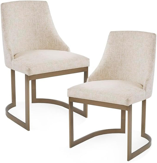 Madison Park Bryce Parsons Upholstered Accent Dining Chairs Set of 2, Padded Seat with Cushion, Antique Gold Metal Frame Back and Sled Leg, Contemporary Modern Chic for Kitchen, Cream 2 Piece