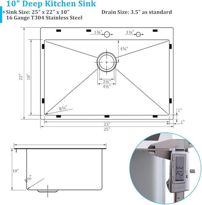 25 x 22 Inch Drop in Kitchen Sink 16 Gauge Stainless Steel Kitchen Sink 2-Holes 10 inch Single Bowl