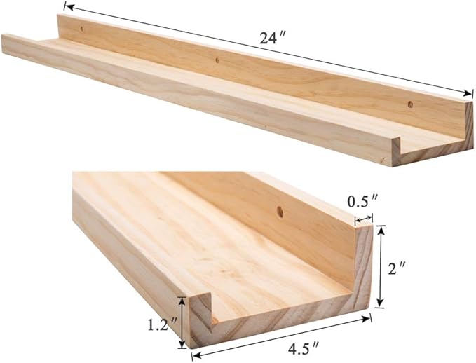 AZSKY Natural Wood Floating Shelves-Wall Mounted Picture Shelf Photo Ledge for Frames & Albums Display-24 Inch Nursery Book Shelf Vinyl Record Shelf for Bedroom, Bathroom, Living Room, Kitchen Decor