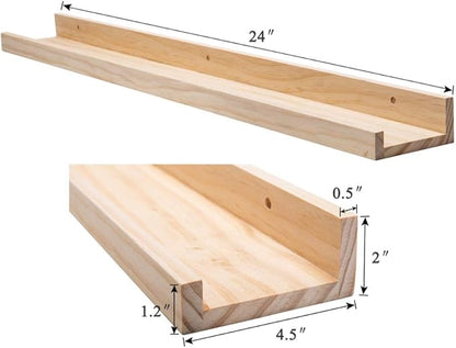 AZSKY Natural Wood Floating Shelves-Wall Mounted Picture Shelf Photo Ledge for Frames & Albums Display-24 Inch Nursery Book Shelf Vinyl Record Shelf for Bedroom, Bathroom, Living Room, Kitchen Decor