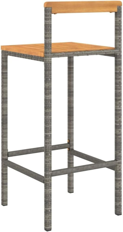 Modern Grey Poly Rattan Bar Stool Set of 2 with Acacia Wood Accents and Footrests for Indoor Outdoor Dining, Durable Steel Frame and Comfortable Seating
