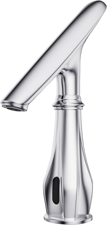 Touchless Bathroom Faucet, Automatic Motion Sensor Chrome Faucet for Bathroom Sink 1 Hole with Cover Plate, Mixing Valve, Battery Operated for Commercial Lavatory, Home Restroom