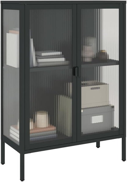 Black Powder-Coated Steel Sideboard, Fluted Glass Accent Cabinet for Living Room, 2-Door Storage with Adjustable Shelves, 13.8x29.5x41.3 inch Kitchen Furniture