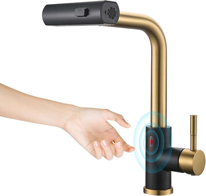 CENOSA Touchless Kitchen Faucet Motion Sensor Hands Free Single Handle Kitchen Sink Faucet with Pull Down Sprayer Black and Gold