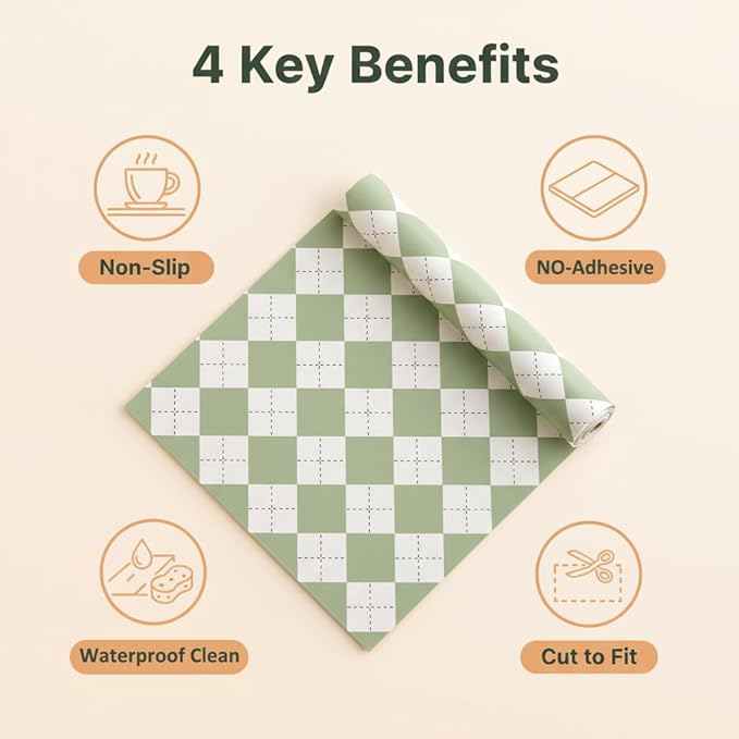 Coavas Shelf and Drawer Liner, Non Slip Extra Grip Non Adhesive Waterproof Thickened Cabinet Mat, Easy Cut for Kitchen Pantry Bathroom Dresser Cupboard (Green Rhombic, 24IN x 20FT)