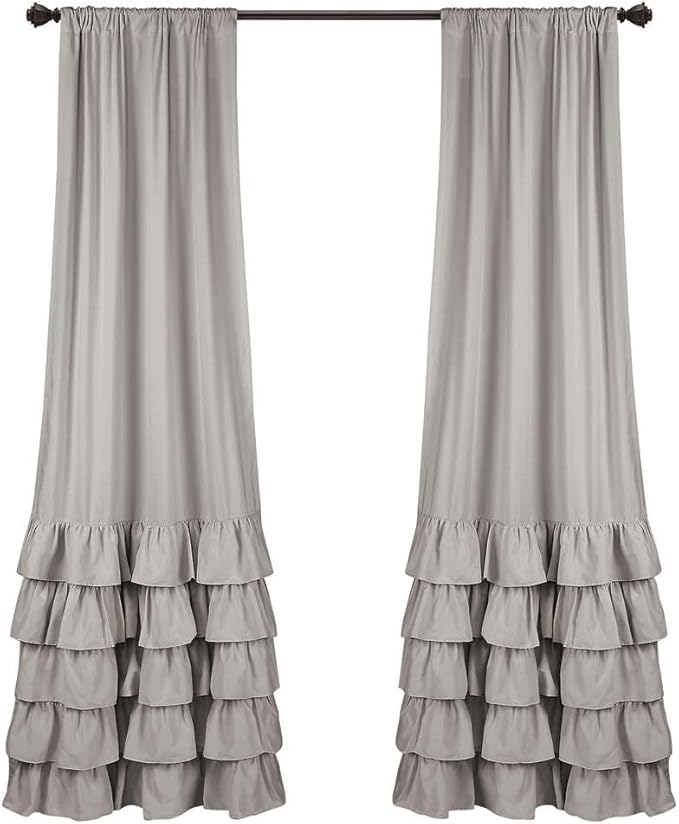Lush Decor Allison Ruffle Light Filtering Window Curtain Panels Pair 40" W x 95" L Light Gray - Coquette Curtains for Bedroom - Ruffle Curtains Kids