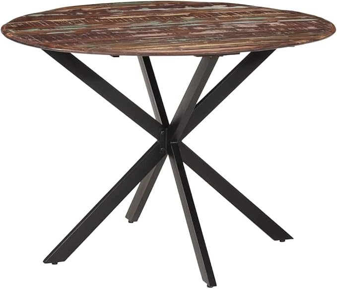 43.3 in Round Dining Table Small Reclaimed Wood Multicolor Steel Frame Rustic Industrial Kitchen & Dining Room Table Seats 4 for Cozy Spaces