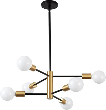 KAISITE Modern Sputnik Chandelier - 6 Light Chandelier with Height Adjustment, Black and Gold Finish for Kitchen, Bedroom and Foyer