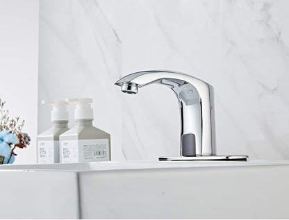 Automatic Bathroom Sink Faucet with Hole Cover Plate Sensor Touchless Dual-Powered Chrome Vanity Faucets Hands Free Motion Sensor Bathroom Water Tap with Control Box and Temperature Mixer