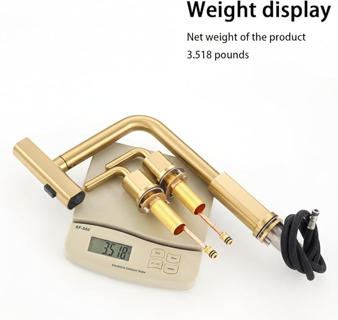 Kitchen Sink Faucet with Pull Down Sprayer - Brushed Gold 3 Hole Stainless Steel Kitchen Faucets - 2 Handle 8 Inch Champagne Bronze Waterfall Sinks Faucet for Laundry Farmhouse Three Holes Set