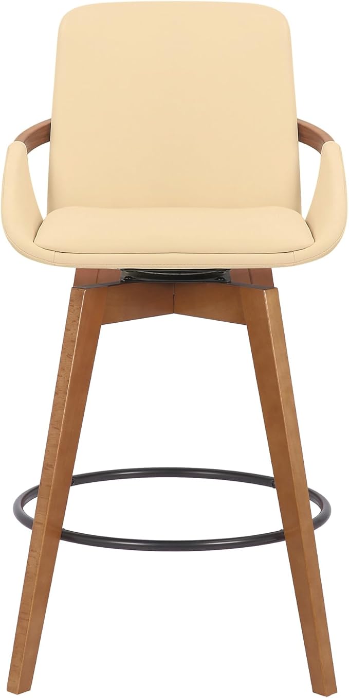Armen Living Baylor Mid Century Modern Swivel Bar Stool for Kitchen Island Counter in Cream Faux Leather and Walnut Wood, 26" Seat Height