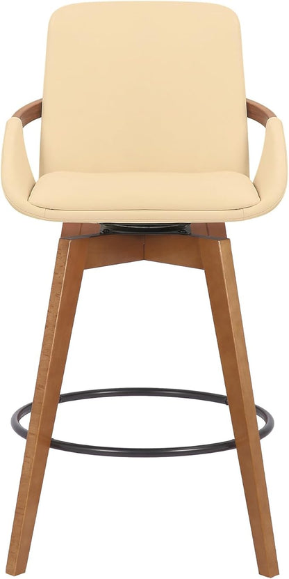 Armen Living Baylor Mid Century Modern Swivel Bar Stool for Kitchen Island Counter in Cream Faux Leather and Walnut Wood, 26" Seat Height