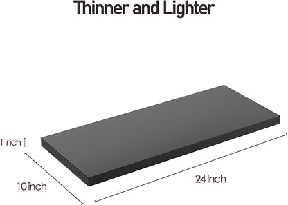 Wall Shelf Set of 1, Black Floating Shelves 24 in W x 10 in D x 1 in H, Wooden Floating Wall Shelf with Invisible Brackets for Living Room/Bedroom/Bathroom/Kitchen Storage and Decor