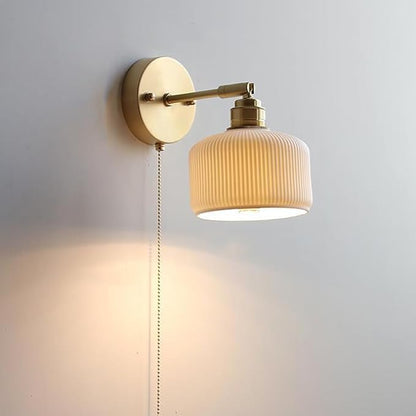 Pull Chain Wall Sconce Ceramic Light Fixture Vintage Wall Sconces with Pull Chain Switch Brushed Gold Brass Sconce Lights Fixtures Retro White Striped Ceramic Sconce for Kitchen Sink