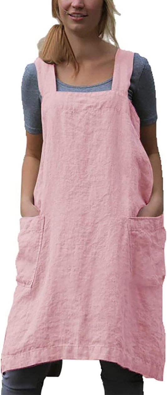 Cotton Linen Apron Cross Back Apron for Women with Pockets Pinafore Dress for Baking Cooking