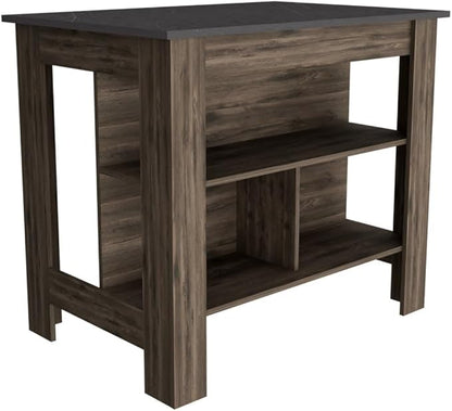 Kitchen Island Kitchen Table 35" H Four Legs with 3 Open Storage Shelves Wide Top for Meal Prep Spacious Leg Room Practical(Black Gray)