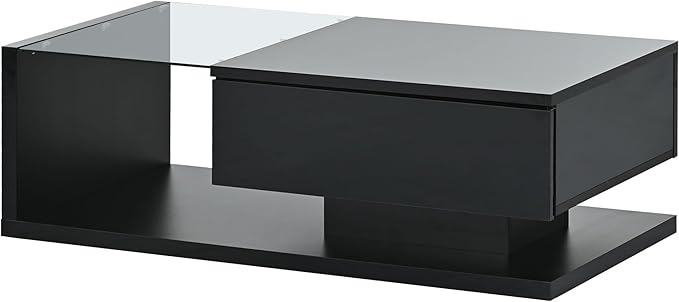 Modern Coffee Table with Tempered Glass, Wooden Cocktail Table with High-Gloss UV Surface, Modernist 2-Tier Rectangle Center Table for Living Room, Black