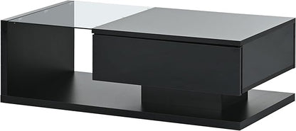 Modern Coffee Table with Tempered Glass, Wooden Cocktail Table with High-Gloss UV Surface, Modernist 2-Tier Rectangle Center Table for Living Room, Black