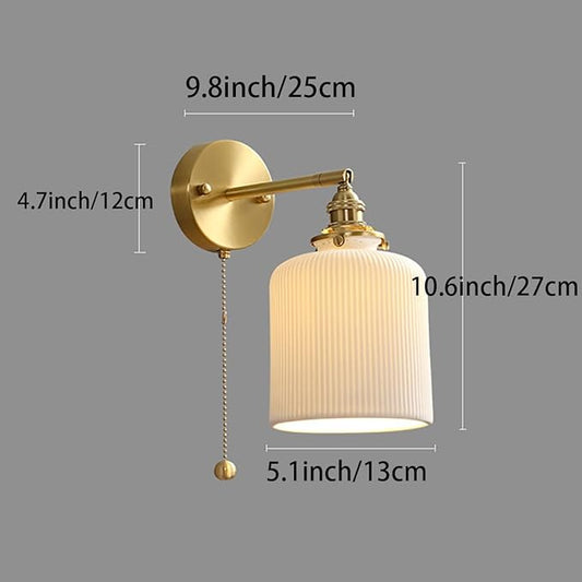 Vintage Wall Sconce Light Ceramic Wall Lamp with Pull Chain Switch White Ceramic Shade Retro Gold Brass Wall Lighting for Bedroom Kitchen Sink Farmhouse