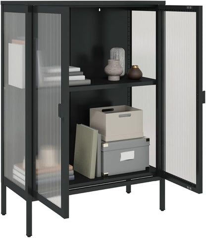 Black Powder-Coated Steel Sideboard, Fluted Glass Accent Cabinet for Living Room, 2-Door Storage with Adjustable Shelves, 13.8x29.5x41.3 inch Kitchen Furniture