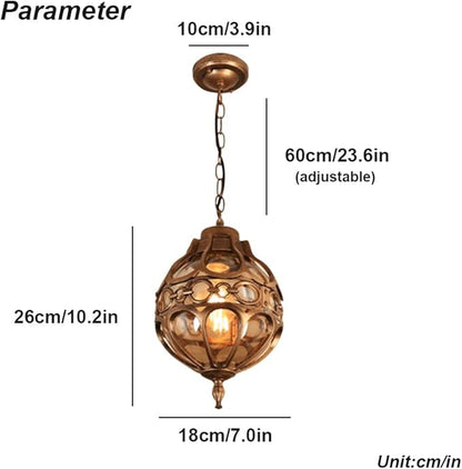 Retro Outdoor Pendant Light Industrial Vintage Outside Waterproof Ceiling Hanging Light Globe Glass Lampshade Aluminum Chandelier for Porch Garden Patio Farmhouse (Gold,18cm)
