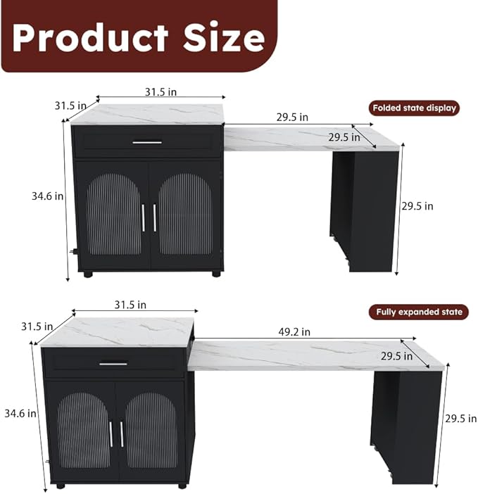 80-inch Expandable Kitchen Island with Dining Table, Marble-Grain Countertop with Power Outlet, Mobile Storage Cart with Cabinet & 2 Drawers, Kitchen Prep Table (Black + MDF)