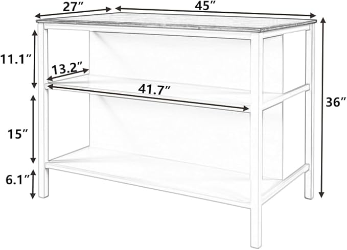 1 PC Solid Wood Rustic 45" Stationary Kitchen Island, Rubber Wood Butcher Block Dining Table Prep Table with 2 Open Shelves for Small Places,Walnut+Cream White