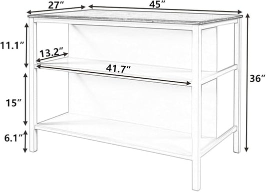 1 PC Solid Wood Rustic 45" Stationary Kitchen Island, Rubber Wood Butcher Block Dining Table Prep Table with 2 Open Shelves for Small Places,Walnut+Cream White