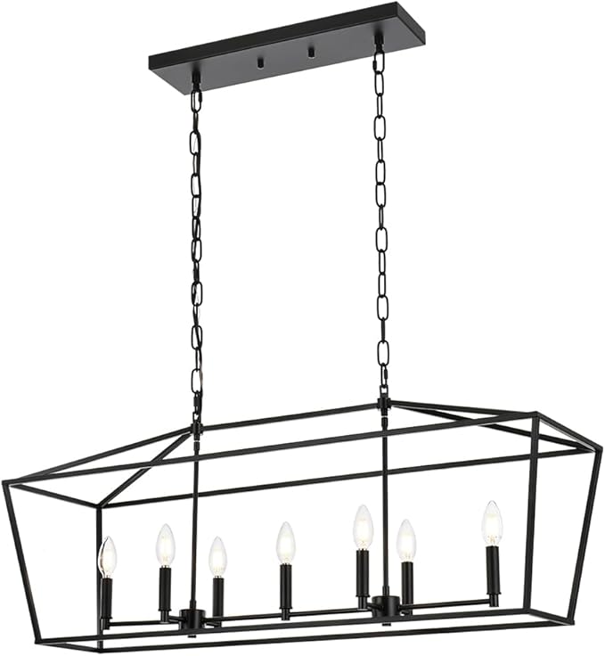 Lantern Island Light 7-Light Black Chandelier Dining Room Light Fixtures Over Table Rectangle Kitchen Island Chandeliers Modern Hanging Light Fixture