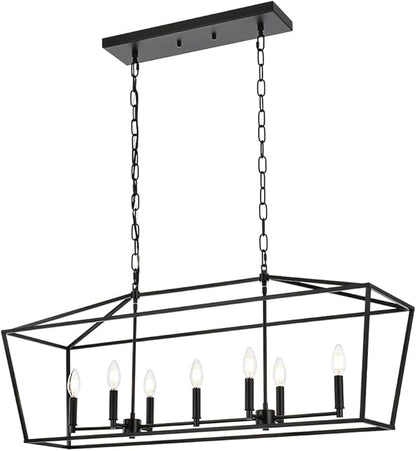 Lantern Island Light 7-Light Black Chandelier Dining Room Light Fixtures Over Table Rectangle Kitchen Island Chandeliers Modern Hanging Light Fixture