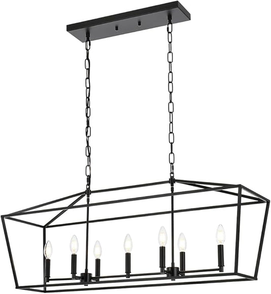 Lantern Island Light 7-Light Black Chandelier Dining Room Light Fixtures Over Table Rectangle Kitchen Island Chandeliers Modern Hanging Light Fixture