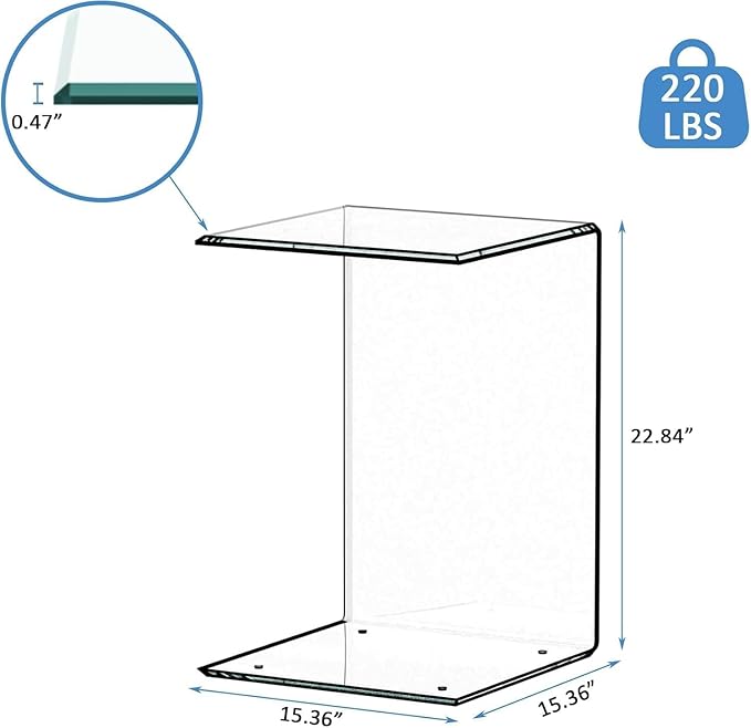 Tempered Glass End Table, Sofa Side Table Clear C-Shape Design for Living Room, Versatile Nightstand with Smooth Edges (C-Shape end Table)