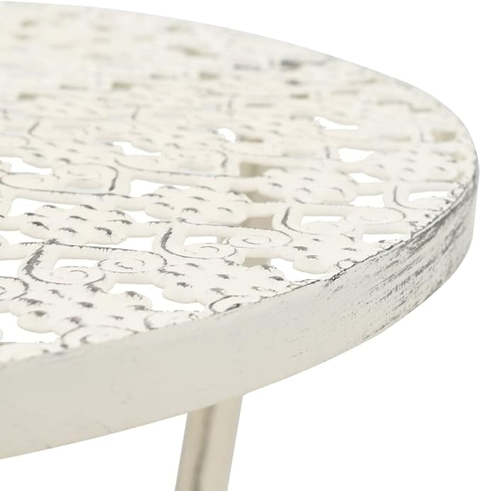 White Metal Small Bistro Table, Round Vintage Antique Finish, 15.7 inch Diameter, Indoor Outdoor Dining, Kitchen, Patio Balcony Furniture
