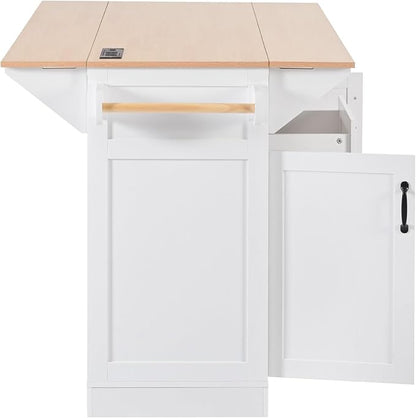 Large Kitchen Island with 2 Drop Leaf Rolling Cart with Power Outlet Folding Storage Dining Table with Spice and Towel Rack Practical(White)