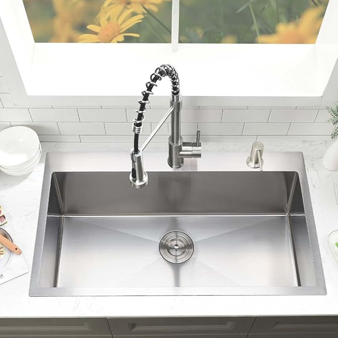 33 Inch Drop In Kitchen Sink with Faucet Combo- 33X19 Drop In Top Mount Kitchen Sink 18 Gauge Stainless Steel Deep Single Bowl Kitchen Sinks with Soap Dispenser