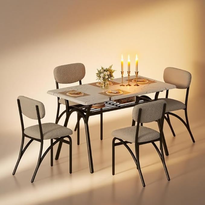 GarveeHome 5-Piece Dining Table Set for 4, Modern Kitchen Table with 4 Boucle Chairs, Rectangular Dining Table with Storage Shelf & Marble Tabletop, Beige Home Dining Furniture for Small Space