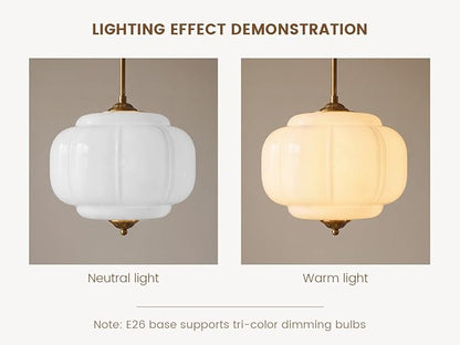 Milk Glass Ceiling Light Fixture - Antique Brass Semi Flush Mount Pendant Light for Kitchen, Hallway, and Bedroom 15 inch (White 15 inch)