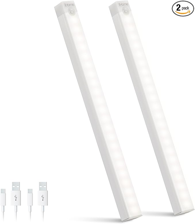 iHome Rechargeable Auto Sensing Light Bars, Motion Sensor, Dimmable, Auto/Always-On Modes, Easy Installation (2-Pack 12” LED Light Bar)