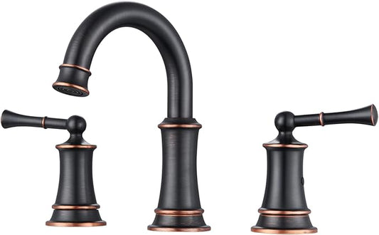 Rustic Oil Rubbed Bronze Bathroom Faucet, 360° Rotatable Spout, 2 Handles, 3 Hole Widespread, Pop Up Drain & Supply Lines Included, Antique Style (L2304-ORB)