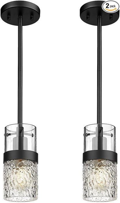 LMS Glass Pendant Lights Kitchen Island 2-Pack, Modern Black Pendant Light Set of 2 with Hammered Glass and Rods, Mini Hanging Lighting for Kitchen Island, Bathroom, Bedroom, LMS-201