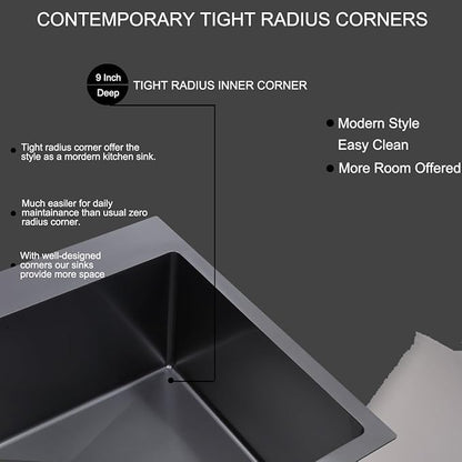 SHACO 30x18 Inch Drop In Black Kitchen Sink, 30 Inch Gunmetal Black Top Mount Single Bowl Commercial Kitchen Sink, Stainless Steel 16 Gauge Handmade Kitchen Sink with Strainer Drain